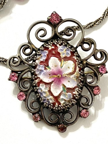 Frühe signierte Hobe geformte Glas Blumen Halskette und Ohrringe Set rosa silberfarben - Bild 13 von 19