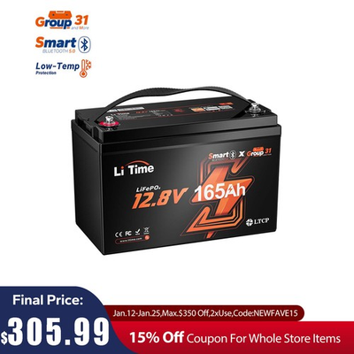 #ad LiTime 12V 165Ah Smart Bluetooth Group31 LiFePO4 Lithium Battery For RV Marine $359.99