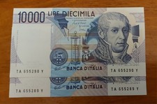 10000 LIRE ALLESSANDRO VOLTA  NUMERO 2 BANCONOTE CONSECUTIVE DECRETO 19/09/1984