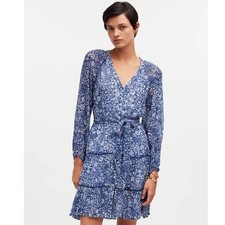 NWT Madewell Tie-Waist Tiered Mini Dress in Blue Ditsy Floral NS128 Size 6