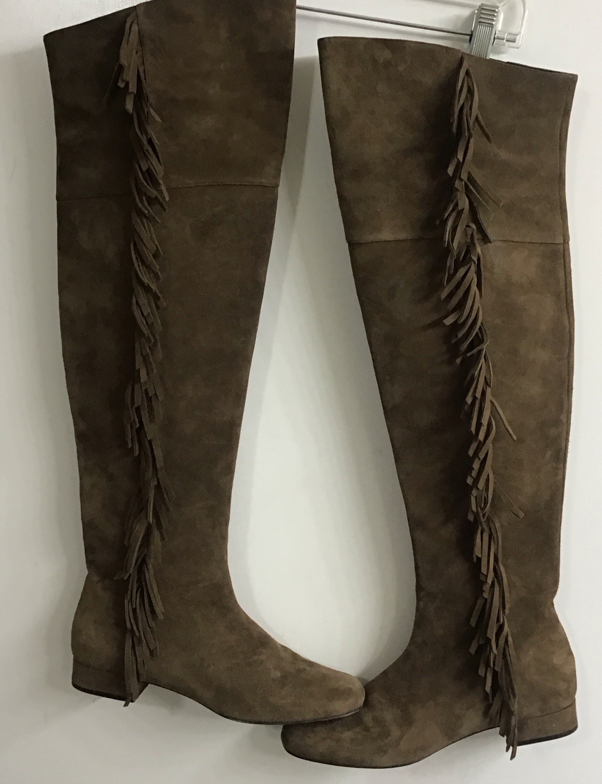 Stivali Saint Laurent marroni scamosciati frange laterali sopra il ginocchio piatti taglia 39