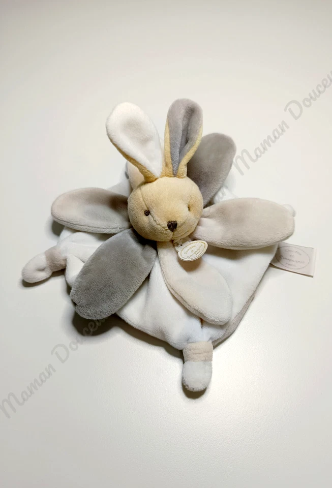 Doudou Et Compagnie Lapin Carré Beige Blanc Et Gris Taupe Pétales Mini Collector - Photo 1/4