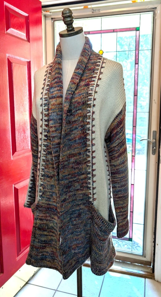 KIMLON 复古 70 年代多色象牙嬉皮流浪汉丙烯酸开衫毛衣-胸围 40 M — 第 3/4 张图片