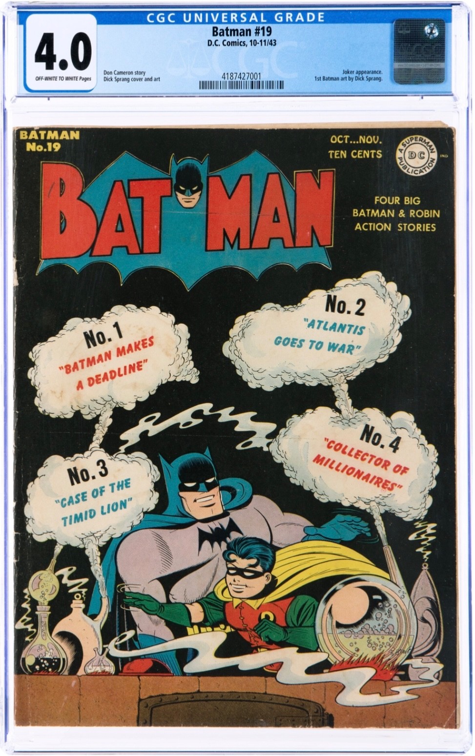 BATMAN #19 CGC 4.0 OW/W Pages - Joker - First Dick Sprang Art - Wartime 1943 DC