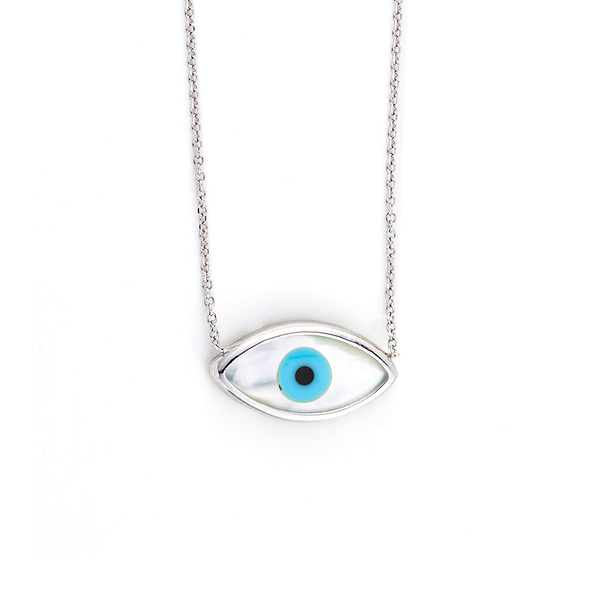 Evil Eye Necklace 9K White Gold Greek Handmade Jewelry, Lucky Necklace