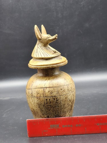 VASE ANUBIS Ancient Egyptian Vintage Antique Stone Art Deco With Hieroglyphs - Picture 7 of 8