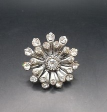Large Silver Tone Glass Rhinestone Flower Stretch Ring