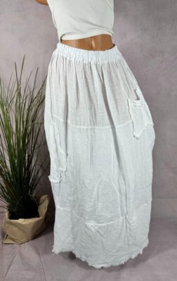 NEU A-LINIE langer ROCK Maxirock 100 Leinen Italy LAGENLOOK weiß 36 38 40 42