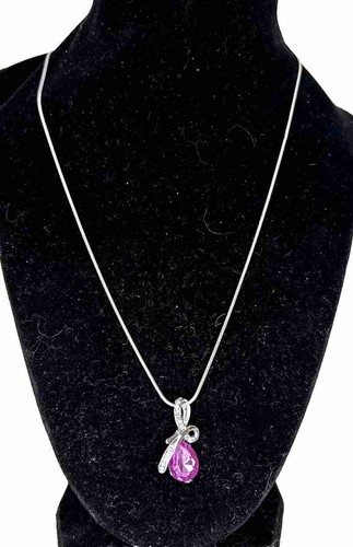 Pendant Necklace 18 inch silvertone chain -Pink And clear Rhinestones - Picture 2 of 8