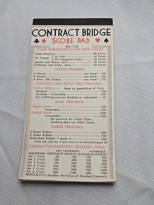 Vintage No. 710 Contract Bridge Score Pad with Contract Rules And Point Values