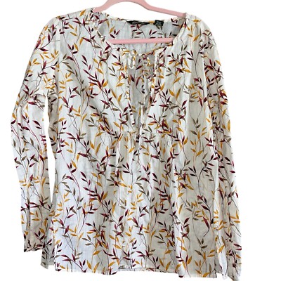 Eddie Bauer Leaf Print Peasant Blouse Fall Foliage Keyhole Cotton Size Medium