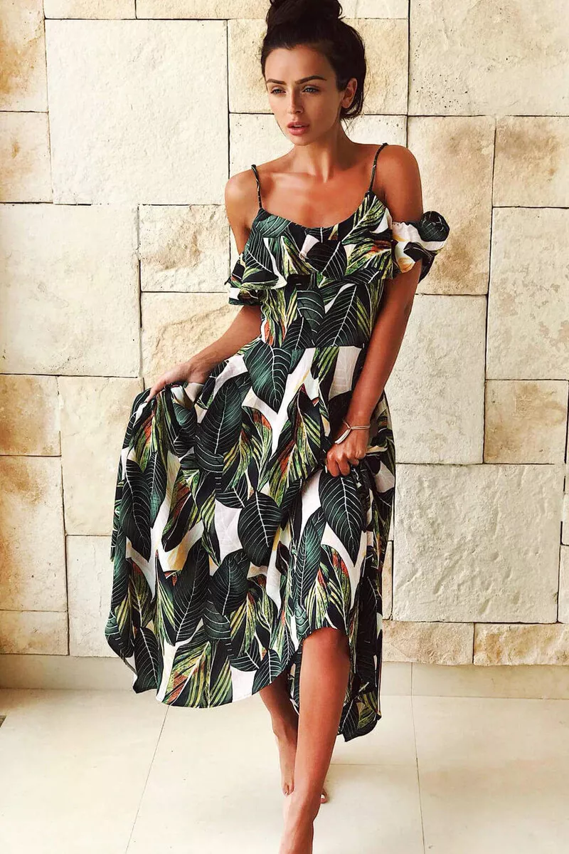 Green Printed Ruched Sleeve Frill Hem Dress – AX Paris