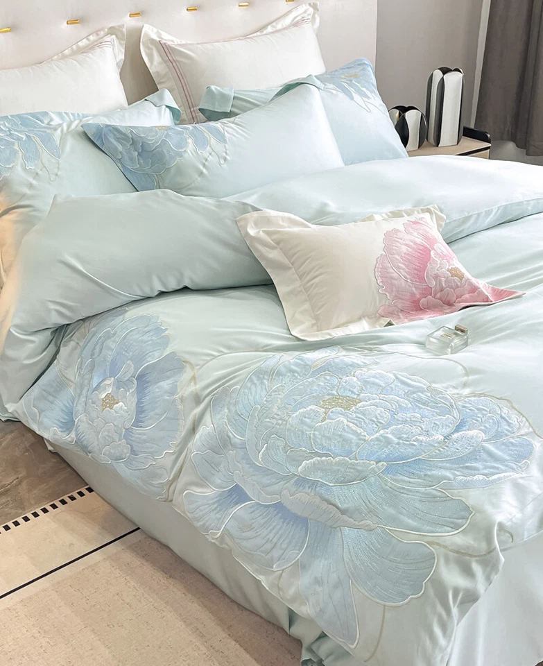 Juego de cama de algodón de los años 140 4 piezas funda de edredón sábana plana 2 fundas de almohada juego de bordado Foto 3 de 4