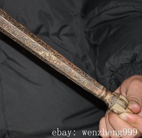 20"old Tibet Buddhism temple bronze Gilt Skull faqi Dagger equipment statue - Picture 12 of 13