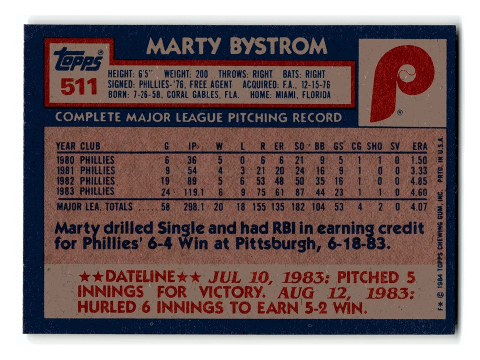 Marty Bystrom 1984 Topps #511 Philadelphia Phillies Near Mint NM - Image 2 of 2