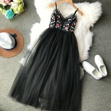 Lady Embroidery Lace Dresses Sleeveless Strap Mesh Tutu Floral Lolita Fairy Chic