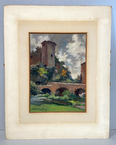 QUADRO DIPINTO OLIO TAVOLA "Natale Pollastrini" PAESAGGIO ROMA torre ponte fiume - 第 1/6 張圖片