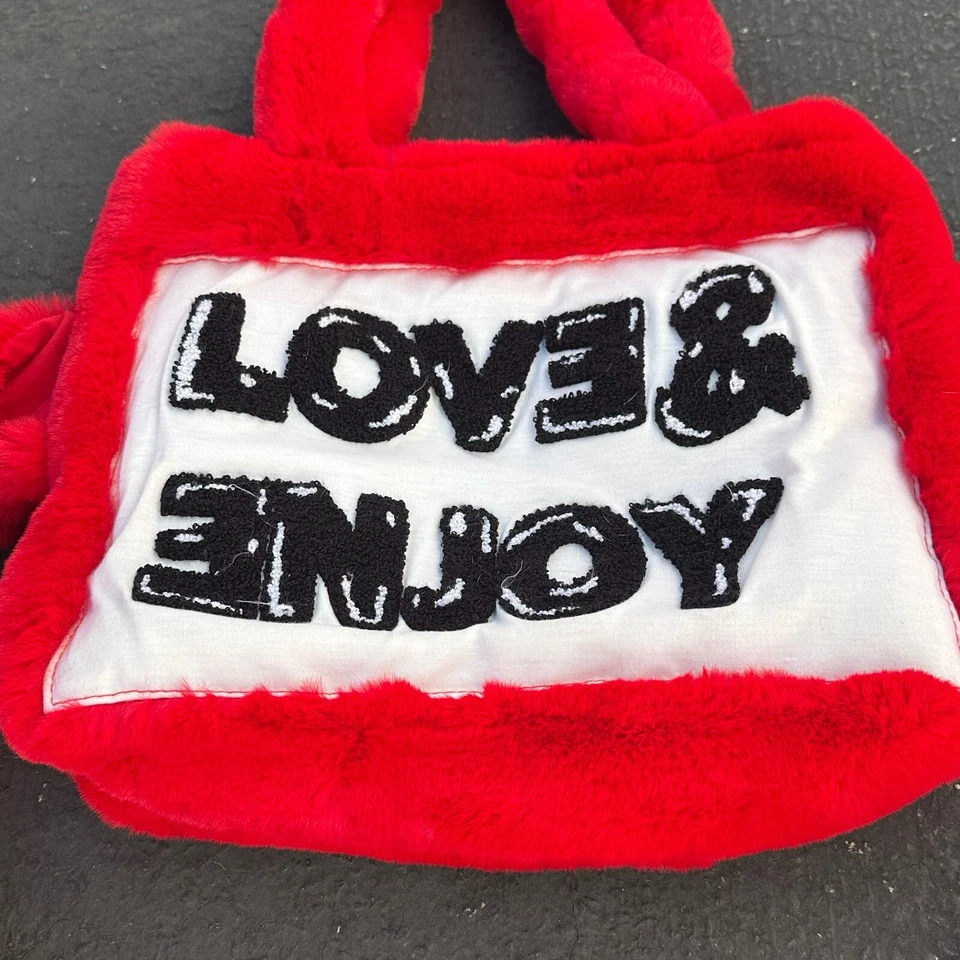 Zara Girls Red Plush Bag Handbag Purse Tote with Floppy Arms Text - Love & Enjoy - Image 2 of 4