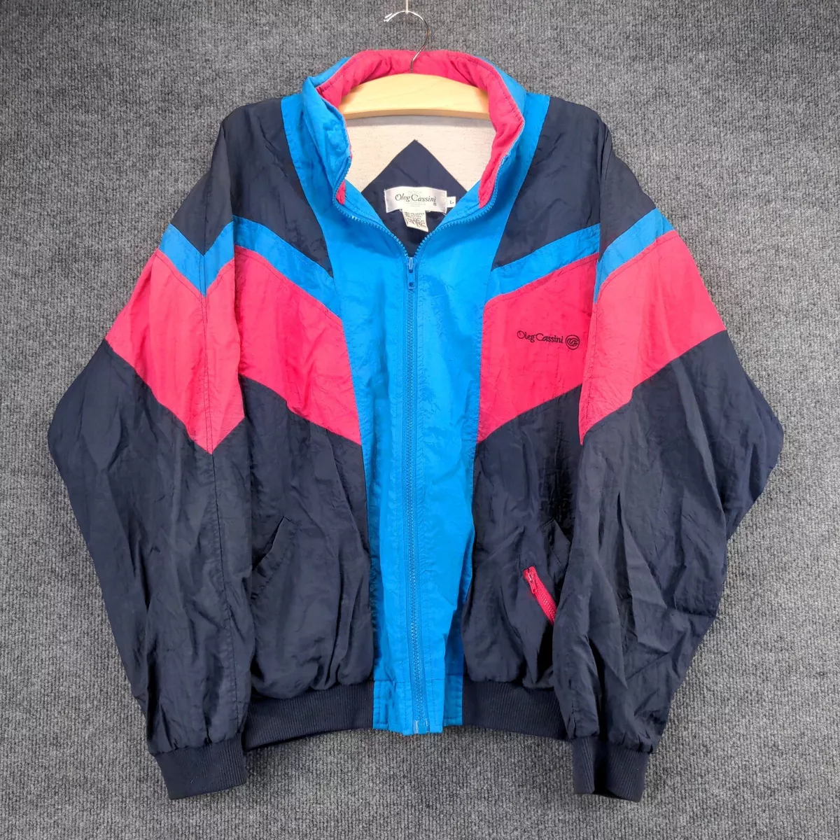 Oleg Cassini Vintage Windbreaker Womens SZ L Colorblock Designer Black Pink