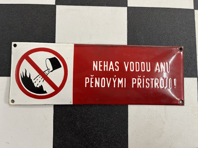 Nehas Vodou ani Pénovými Pristroji altes Emailschild aus Tschechien 1950er Jahre