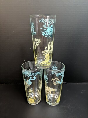 Vintage Libbey Asian Culture MCM Tom Collins Tumblers Set of 3 Glasses Bonsai