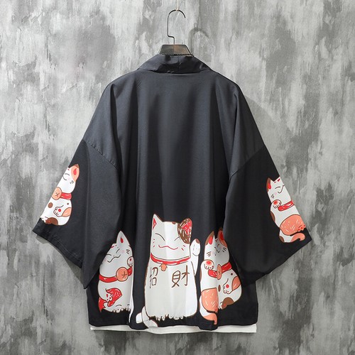 Unisex Lucky Cat Loose Casual Kimono Coat Yukata Outwear Open Front Cardigan Top - Picture 13 of 14