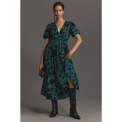 NWT Anthropologie The Katerina Button-Front Dress $198 XXS 00 Dark Green Floral