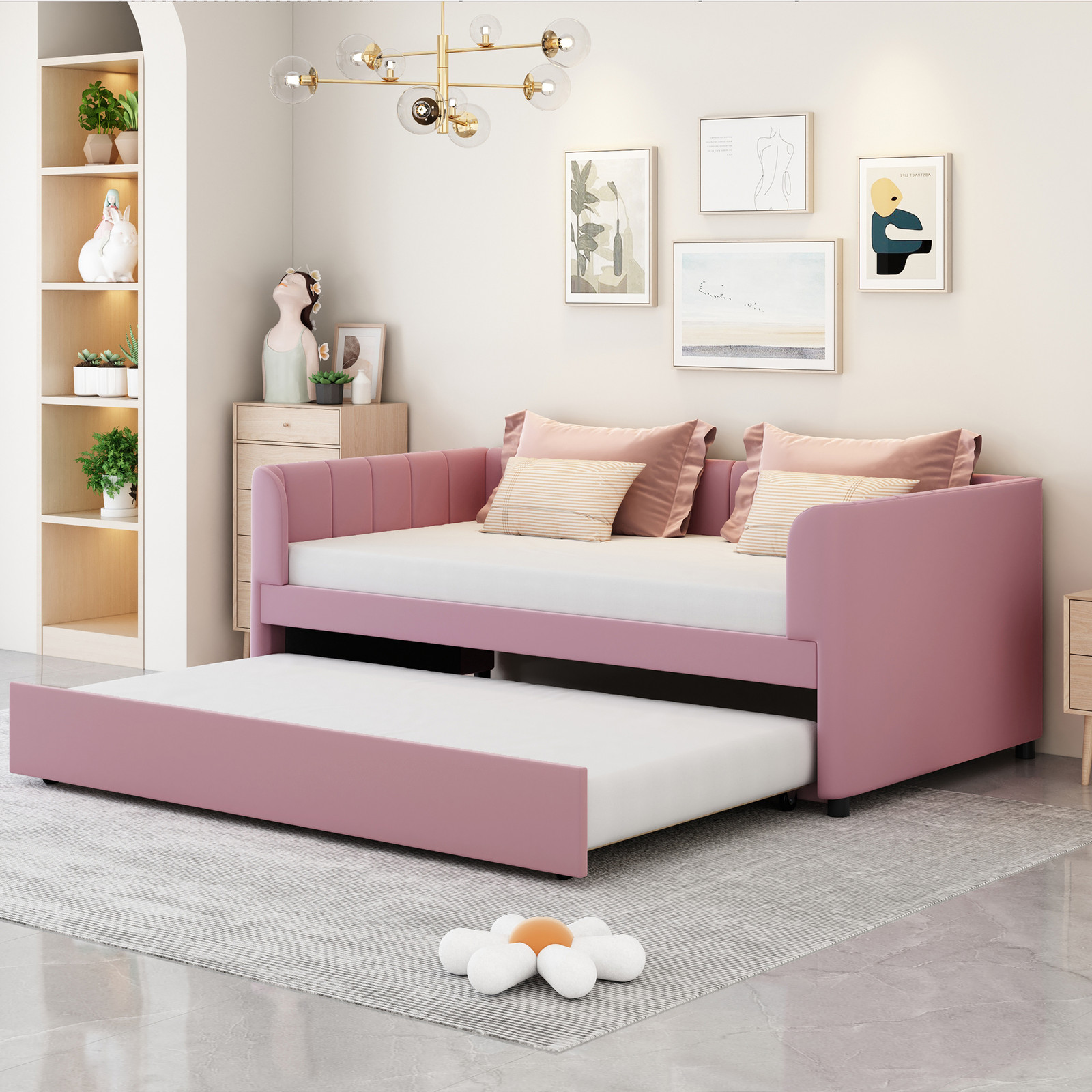 Twin Upholstered Daybed with Trundle and Ergonomic Back Support  