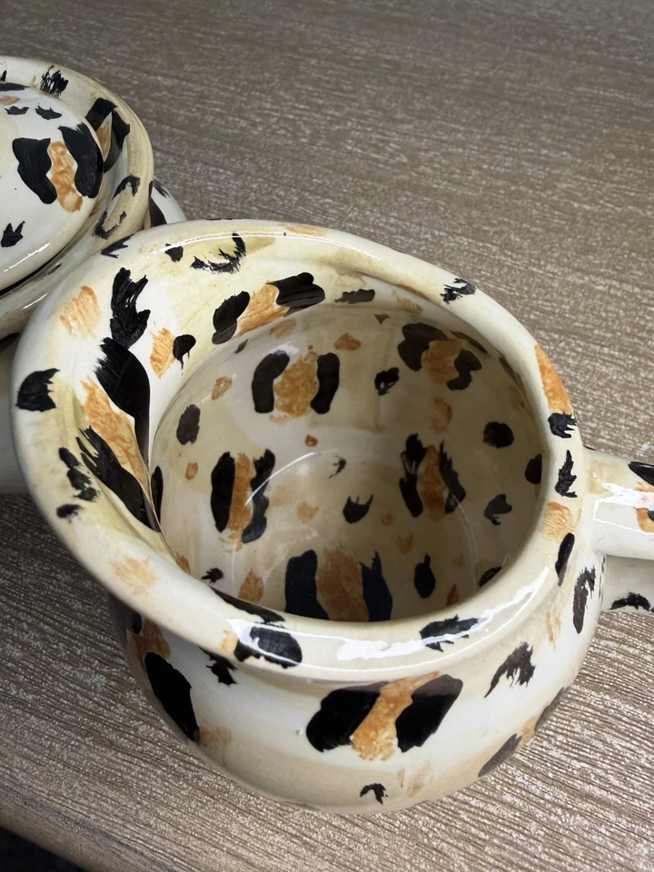 Juego de tarro de azúcar y crema Studio Art Pottery estampado de leopardo firmado Tami vintage Foto 3 de 4