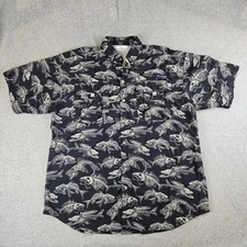 Columbia PFG Short Sleeve Fishing Shirt Vent Med Super Bahama Navy Fish Skeleton