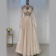 Wedding Dresses High Neck Long Sleeve Waist Corset Boho Pleated Bridal Gowns