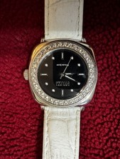 Ecclissi 925 Sterling Silver Watch Black Dial White Leather Stone Bezel