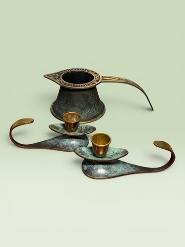 Vintage Brass Enamel Incense Burner And Candlesticks Made In Israel Judaica