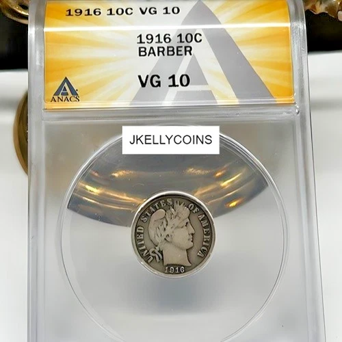 1916-P Barber Dime 10C Silver - VG10- ANACS