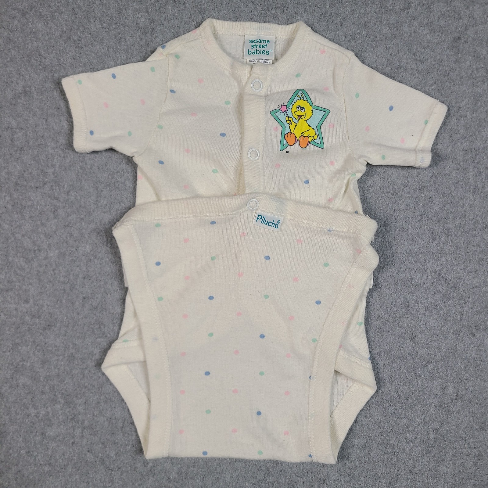 Vtg Sesame Street Babies Big Bird One Piece Snap Sz 0-18 Lbs Polka Dot USA