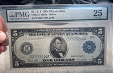 Antique 1914 $5 Federal Reserve Note, Fr #855b, PMG VF25, 3-C, Philadelphia (D)