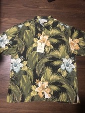 Tommy Bahama Shirt Mens XL Black Green Silk Hawaiian Camp Floral Hibiscus TV612