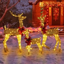 3-Pc Lighted Christmas Reindeer Set Outdoor Decor 200 LED Warm White Lights Gold