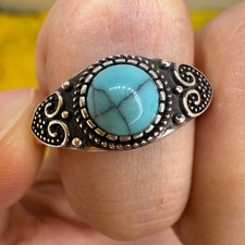 925 Sterling Silver Ring Turquoise 6mm Natural Blue Gemstone Jewelry Women Cute