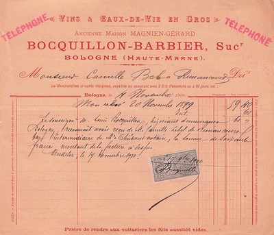 52 HAUTE-MARNE BOLOGNA, Kaufmann, BOCQUILLON-Barbier 1900 Quittung, Weine