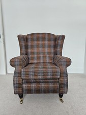 Traditional Tartan Wingback Armchair Country Style Tweed Fabric Brass Castors