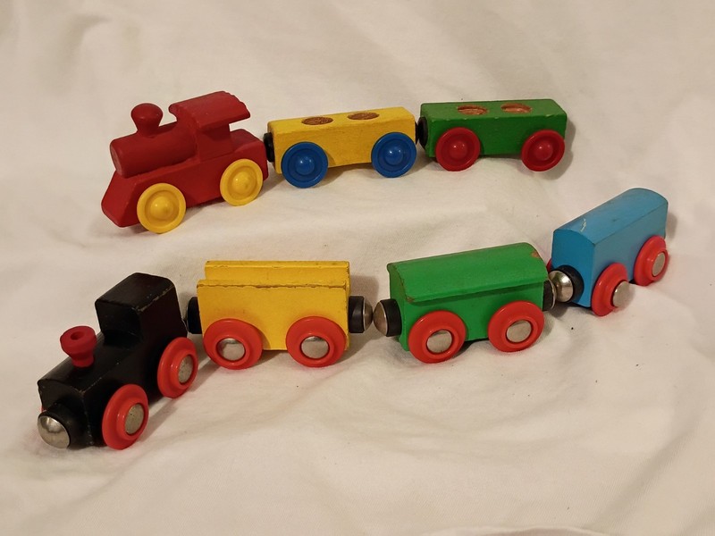 Vtg Mixed Lot Wooden Toy Train Engines Cars Brio Compatible Thomas Railway 7 Pcs