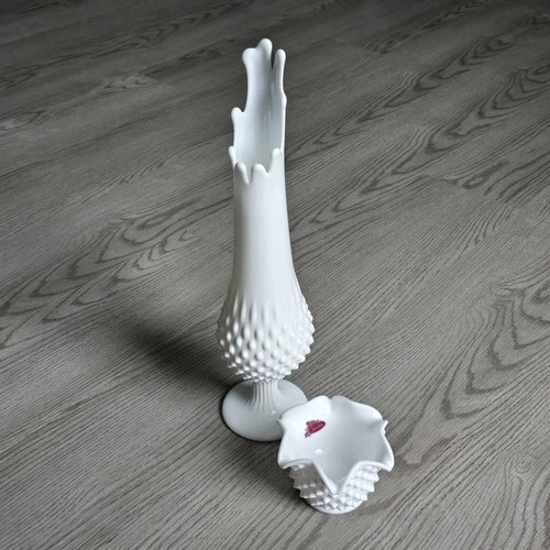 Fenton Swung Vase White Milk Glass Hobnail 9 Finger Pedestal Footed MCM 14" Set
