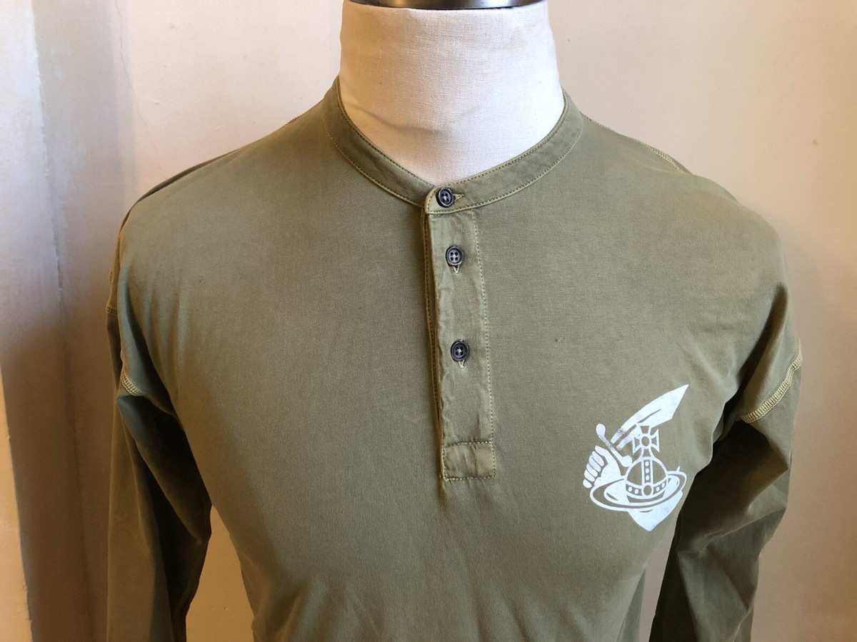 VIVIENNE WESTWOOD ANGLOMANIA GREEN ORGANIC COTTON HENLEY ORB PRINT