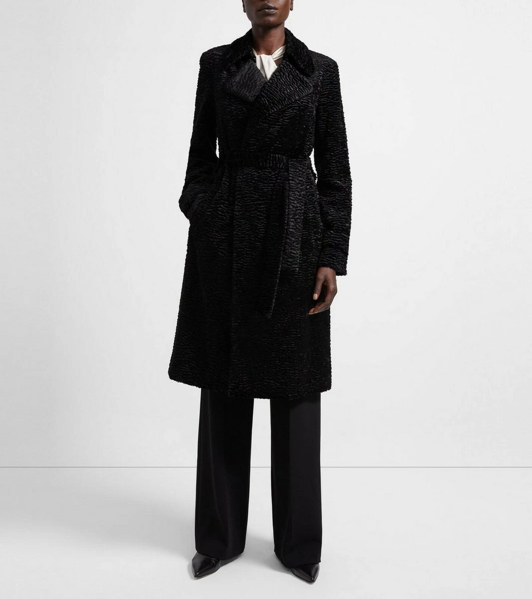 NWT Theory Relaxed Trench Coat in Faux Astrakhan Fur, Black, size NWT Theory Relaxed Trench Coat in Faux Astrakhan Fur, Black, size