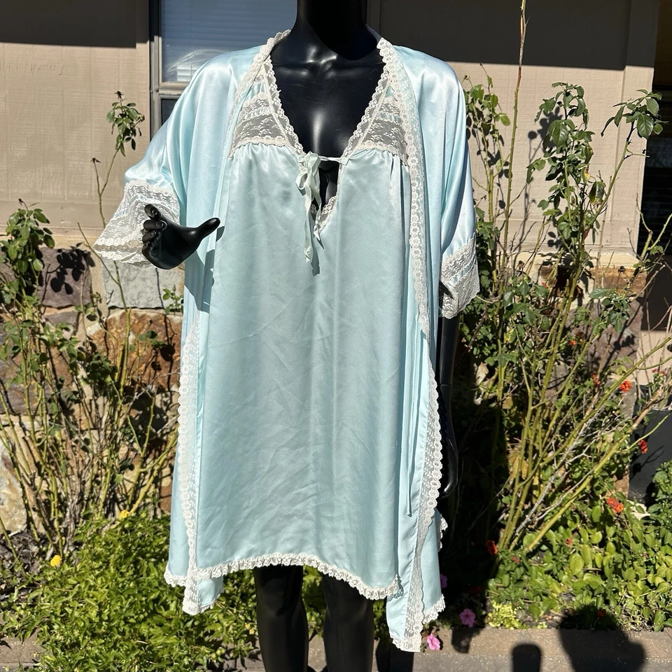 Conjunto de camisón y bata vintage Miss Elaine a juego azul encaje femenino EE. UU. Foto 4 de 4