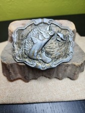 Vintage Bass Fisherman Cast Aluminum Silver Brass Tone Belt Buckle USA