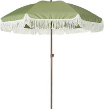 7Ft Sage Green Patio Umbrella with Fringe, UPF50 , Tilt Steel Pole