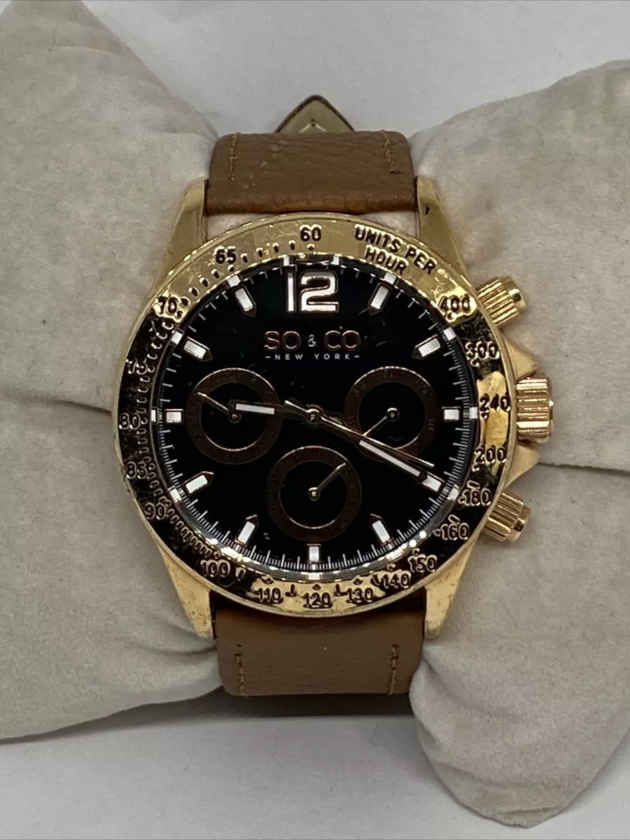 SO CO Men s Brown Leather Analog Quartz Black Dial Genuine Wrist Watch VK290