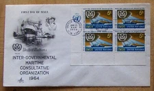 UN FDC INTER-GOVERNMENTAL MARITIME CONSULTATIVE NY 1964 with block of 4 stamps.